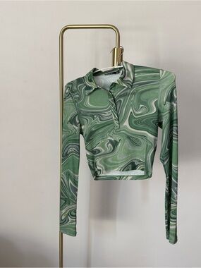 Nasty Gal Green Marble-Print Long Sleeve Polo Crop Top